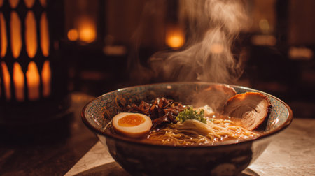 Experience the warmth and flavor of a steaming bowl of ramen, artfully arranged with savory ingredients, perfect for a cozy dining atmosphere in elegant surroundings.の素材