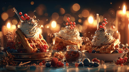 Delight in this visually stunning arrangement of waffles, topped with luscious cream and fresh berries, perfect for festive gatherings or cozy dinners.の素材