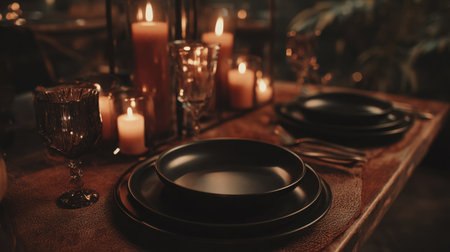 Experience the warmth and elegance of a beautifully set table adorned with black plates and glowing candles, perfect for creating a cozy dining atmosphere.の素材