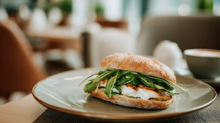 A mouthwatering grilled chicken sandwich layered with fresh spinach on a rustic plate, set within a warm and inviting cafの素材