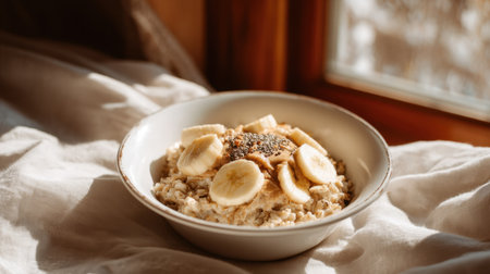A tasty oatmeal bowl featuring fresh banana slices and a dollop of nut butter. Captured in soft morning light, this image evokes warmth and comfort for a nutritious start.の素材
