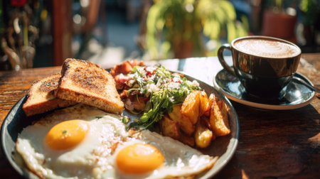 A vibrant breakfast scene featuring eggs, bacon, crispy toast, seasoned potatoes, fresh salad, and rich coffee, all beautifully arranged on a wooden table.の素材