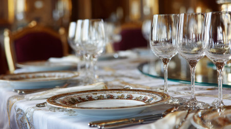Beautifully arranged table with fine china and elegant glassware creates an inviting atmosphere perfect for exquisite dining experiences in luxurious settings.の素材