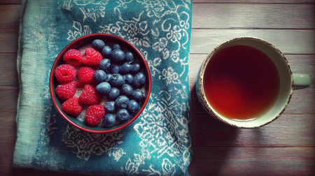A vibrant bowl of fresh raspberries and blueberries sits beside a cup of herbal tea on a rustic wooden surface, creating a cozy and inviting atmosphere ideal for relaxation.の素材