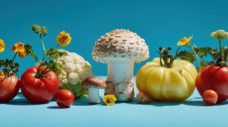 Beautiful arrangement of fresh vegetables and mushrooms against a bright blue background. Perfect for themes of health, nutrition, cooking, and vibrant culinary art.の素材