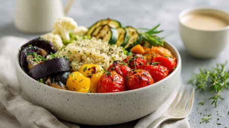 A visually appealing bowl filled with quinoa and an assortment of roasted vegetables, showcasing a healthy meal option rich in colors and nutrients.の素材