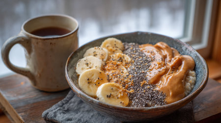 A warm and inviting scene featuring a breakfast bowl filled with creamy peanut butter, sliced bananas, chia seeds, alongside a cup of hot coffee, perfect for morning comfort.の素材