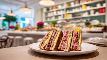 A mouth-watering sandwich featuring layers of fresh ingredients is showcased on a plate, set against a cozy cafの素材