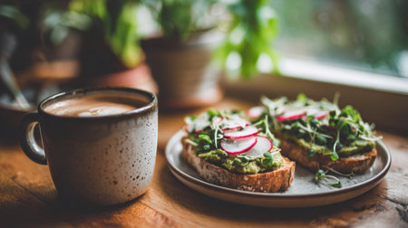 A beautifully arranged plate of avocado toast topped with radishes and microgreens, paired with a warm cup of coffee, creating a perfect cozy breakfast scene.の素材