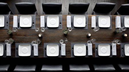 An elegant dining table set for a special occasion in a modern restaurant, featuring white plates, neatly folded napkins, and ambient candlelight.の素材