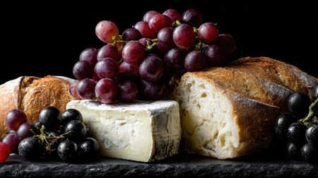 A visually striking arrangement showcasing fresh cheese, vibrant grapes, and artisanal bread on a black slate background, ideal for gourmet food styling and culinary inspiration.の素材
