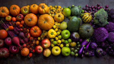 A stunning array of vibrant fruits and vegetables arranged in a colorful display, showcasing the diversity and richness of nature's harvest for healthy living.の素材