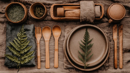 Explore this rustic table setting featuring wooden utensils and plates adorned with green fern leaves, perfect for an eco-friendly dining experience in a cozy atmosphere.の素材