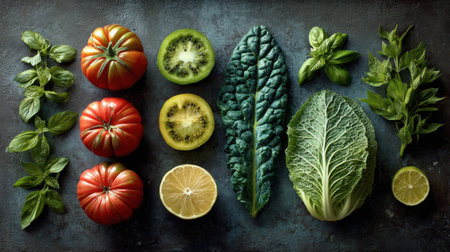 A stunning flat lay arrangement of fresh vegetables and fruits, showcasing vibrant colors and textures ideal for promoting healthy eating, cooking, and nutrition themes.の素材