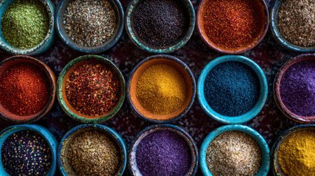 A stunning overhead view showcasing an array of spices in vibrant bowls, perfect for culinary inspiration, food styling, and highlighting natural ingredients in cooking.の素材