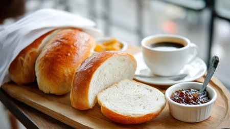 A delightful breakfast scene featuring freshly baked bread, served with jam and coffee on a rustic wooden tray, capturing a cozy cafe atmosphere.の素材