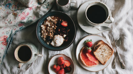A cozy breakfast setup featuring granola, fresh fruits, coffee, and homemade toast beautifully arranged on soft linen cloth, ideal for a relaxing morning experience.の素材