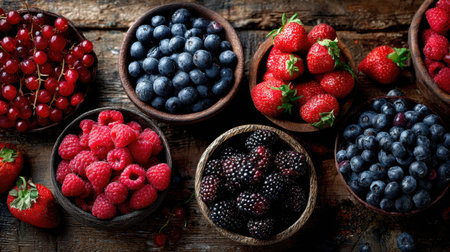 A rustic arrangement of fresh seasonal berries in wooden bowls showcases vibrant colors and textures, ideal for culinary inspiration and healthy eating.の素材