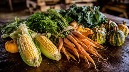 A stunning display of fresh organic vegetables showcasing vibrant corn, colorful carrots, and leafy greens, perfect for promoting healthy eating and farm-to-table cuisine.の素材