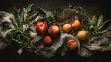 A beautiful display of fresh peaches and apricots arranged with green herbs on a rustic fabric backdrop, perfect for food photography and culinary projects.の素材