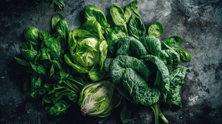 A beautiful arrangement of fresh leafy greens, including spinach, lettuce, cabbage, and kale, showcased on a dark surface, perfect for healthy meal creations.の素材