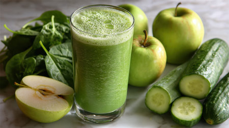 This vibrant green smoothie features fresh spinach, green apples, and cucumbers, perfect for a healthy lifestyle. A refreshing drink ideal for wellness and nutrition needs.の素材
