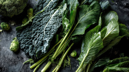 A vibrant assortment of fresh green vegetables featuring broccoli, kale, collard greens, and Brussels sprouts, perfect for healthy meal preparation and nutrition-focused dishes.の素材