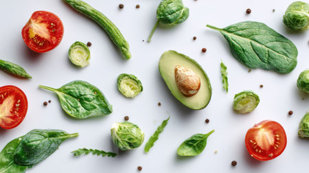 Colorful arrangement of fresh vegetables featuring avocado, spinach, and ripe tomatoes on a white surface, highlighting healthy eating and vibrant food choices.の素材