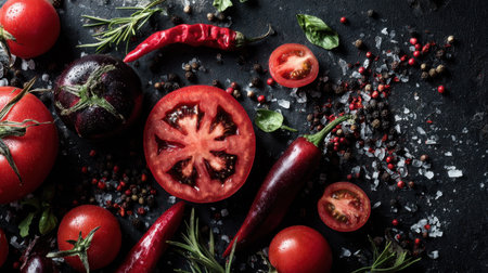 A vibrant arrangement of fresh organic vegetables and spices showcases cherry tomatoes, chili peppers, and gourmet salt on a dark surface, perfect for culinary inspiration.の素材
