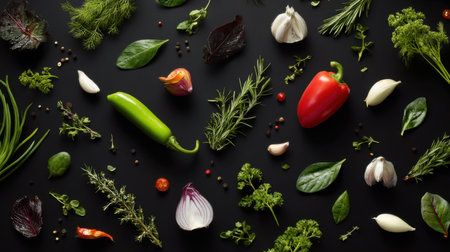 A vibrant arrangement of fresh vegetables and herbs on a dark background, perfect for food photography. Ideal for culinary inspiration and healthy eating ideas.の素材