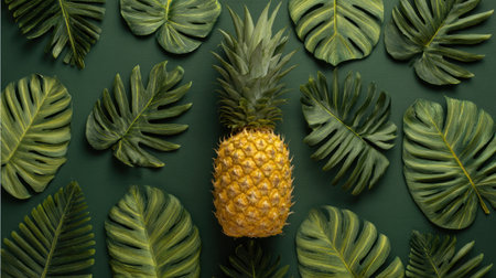 A stunning pineapple stands out amidst lush tropical leaves on a rich dark background, ideal for evoking summer vibes or enhancing culinary designs.の素材