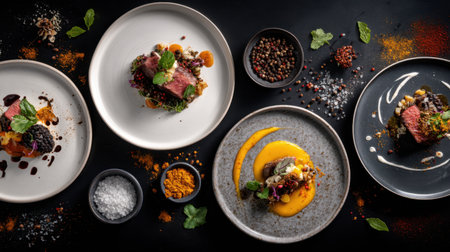 These stunning gourmet dishes showcase beautiful presentations with vibrant colors arranged on dark surfaces, highlighting culinary artistry and creativity for food photography.の素材