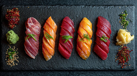 A vibrant assortment of sushi displayed on a slate plate, featuring fresh seafood, wasabi, and ginger, complemented by colorful decorative spices. Perfect for culinary enthusiasts.の素材