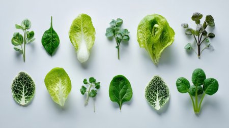 A collection of various leafy vegetables and herbs showcases vibrant greens ideal for healthy recipes. Perfect for culinary inspiration and nutritious meals.の素材