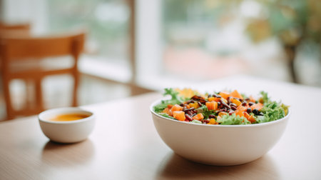 A beautifully arranged bowl of fresh salad featuring a variety of colorful vegetables and a small dish of dressing, perfect for a healthy lunch in a cozy restaurant.の素材