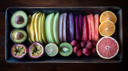 A visually appealing display of fresh fruits arranged harmoniously on a wooden tray. The vibrant colors promote healthy eating and fresh ingredients for meals or snacks.の素材
