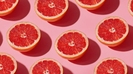 Bright grapefruit halves display their vibrant pink color on a soft pink background. Perfect for healthy recipes, fresh snacks, or vibrant food arrangements.の素材