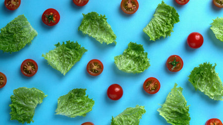 A vibrant arrangement of fresh green lettuce leaves and ripe cherry tomatoes on a bright blue background, highlighting healthy eating and colorful food presentations.の素材