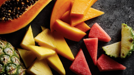 A vibrant display of fresh tropical fruits creatively arranged on a dark stone surface, showcasing the natural beauty and colors of papaya, watermelon, and pineapple.の素材