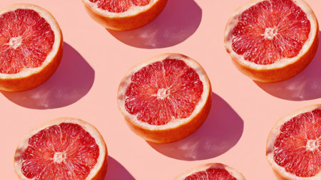 This vibrant stock photo showcases fresh grapefruit halves beautifully arranged against a soft pink background, highlighting their juicy texture and natural colors.の素材
