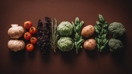 A vibrant display of fresh vegetables showcasing an assortment of tomatoes, broccoli, potatoes, mushrooms, kale, spinach, and aromatic herbs on a rich brown surface.の素材