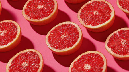 Brightly colored and visually captivating, this image features freshly cut grapefruit halves against a vibrant pink background, perfect for health and wellness themes.の素材