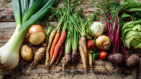 Discover an arrangement of fresh root vegetables and greens on a rustic wooden table, perfect for showcasing a healthy culinary experience and promoting sustainable eating.の素材