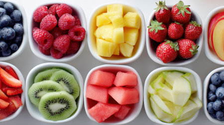 Delight in this vibrant assortment of fresh fruits arranged in white bowls, perfect for a healthy snack or dessert. Celebrate nature's colors and flavors.の素材