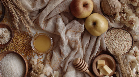 Discover a beautiful arrangement of fresh organic ingredients, including apples, honey, and oats, set against a rustic textile background for culinary inspiration.の素材
