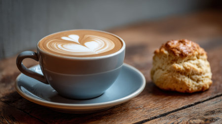 A cozy scene featuring a warm latte with beautiful foam art next to a homemade scone on a rustic wooden table, ideal for food lovers and coffee enthusiasts.の素材