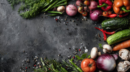 A vibrant assortment of fresh vegetables on a dark textured background, perfect for culinary inspiration, healthy recipes, and showcasing natural colors in cooking.の素材