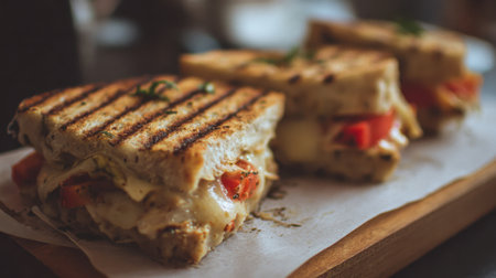 A mouth-watering grilled sandwich featuring layers of fresh tomatoes and gooey cheese, served on a rustic wooden board in a cozy cafの素材