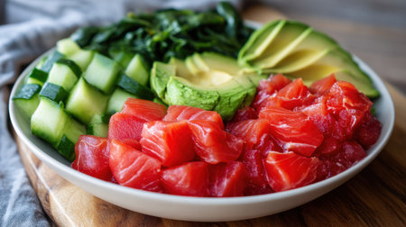 A vibrant sashimi bowl featuring fresh tuna, creamy avocado, crunchy cucumber, and savory seaweed. Perfect for healthy meals and colorful dining experiences.の素材