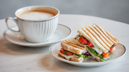 Enjoy a freshly made sandwich layered with vibrant vegetables, perfectly paired with a hot cup of coffee, capturing the essence of a cozy dining experience.の素材